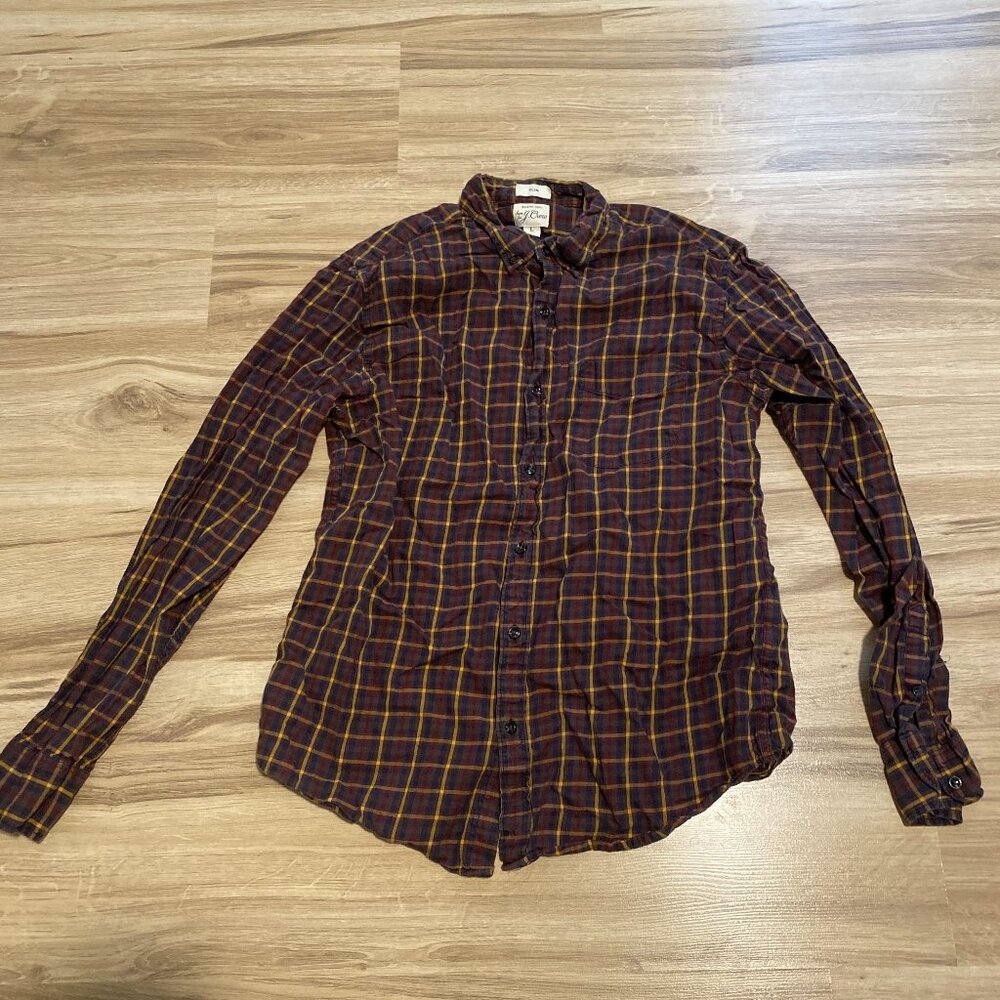 J. Crew Burgundy Blue Yellow Plaid Brushed Twill Long Sleeve Shirt - Size L